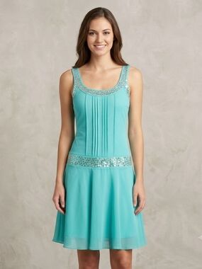 My Michelle Turquoise Beaded Dropped Waist Cocktail Dress - Size Medium (M)